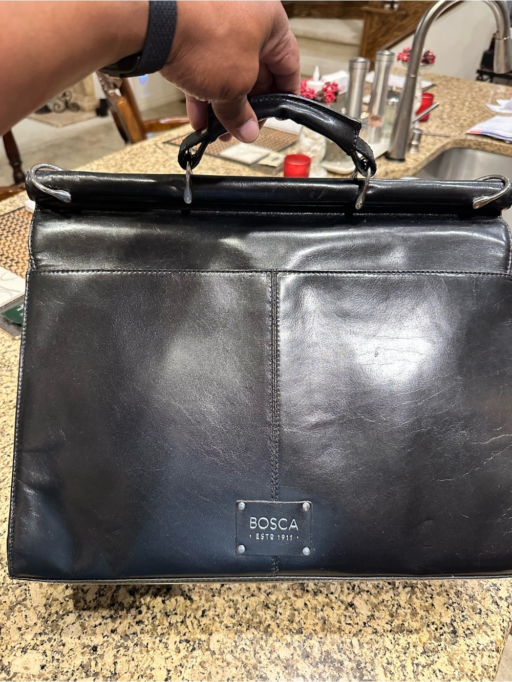 Bosca Black Leather Doctor-Style Briefcase with Top Handle